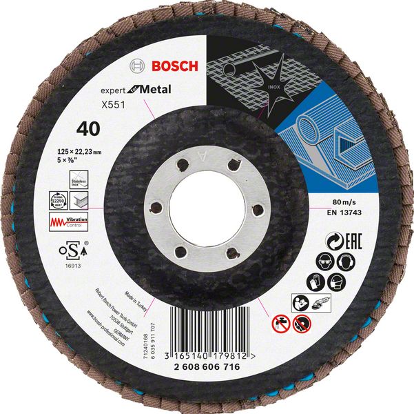 Disc de slefuire evantai X551, Bosch Expert metal D= 125 mm; G= 40, cu degajare Disc de slefuire evantai X551, Bosch Expert metal D= 125 mm; G= 40, cu degajare