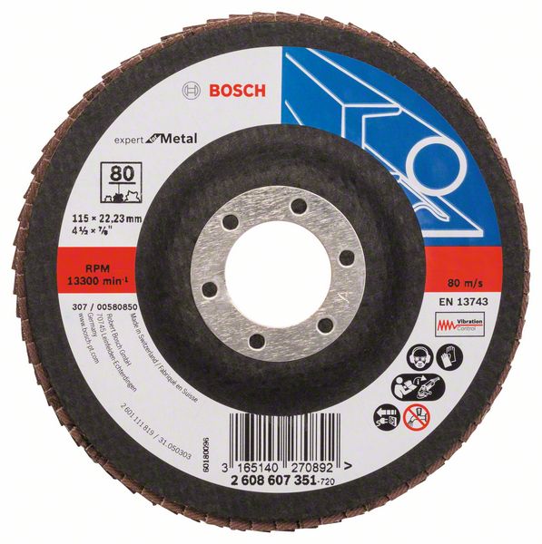 Disc de slefuire evantai X551, Bosch Expert metal D= 115 mm; G= 80, cu degajare Disc de slefuire evantai X551, Bosch Expert metal D= 115 mm; G= 80, cu degajare